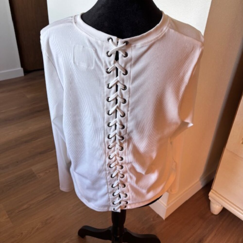 Allfenix Anthropologie White Ribbed Laced up Back Long Sleeve Top NWOT XS